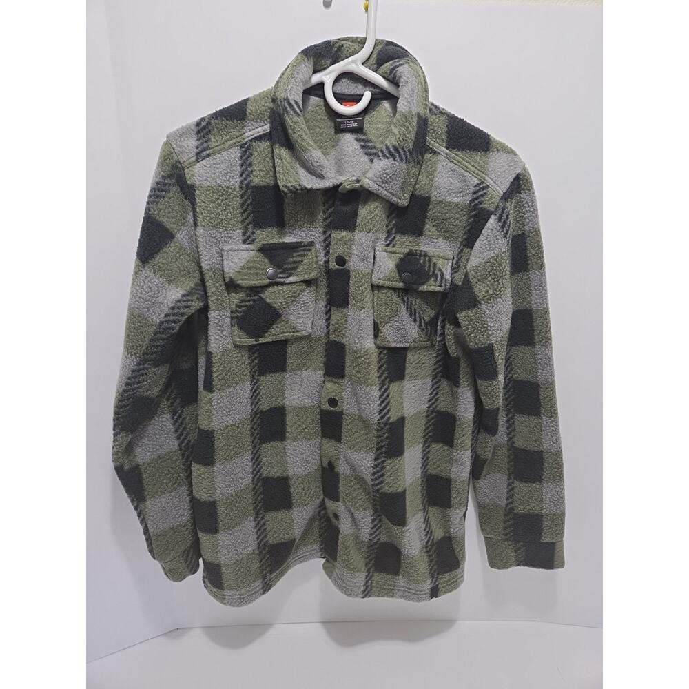 Quiksilver Boys L 14/16 Fleece Shacket Shirt Jacket Green Black Plaid Button